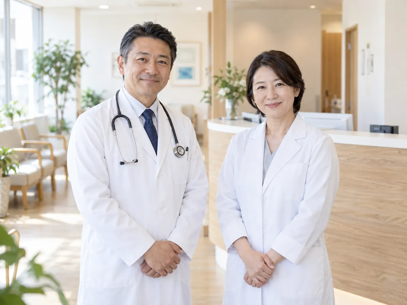 白衣を着た院長と副院長が、受付前に並んで立っている様子