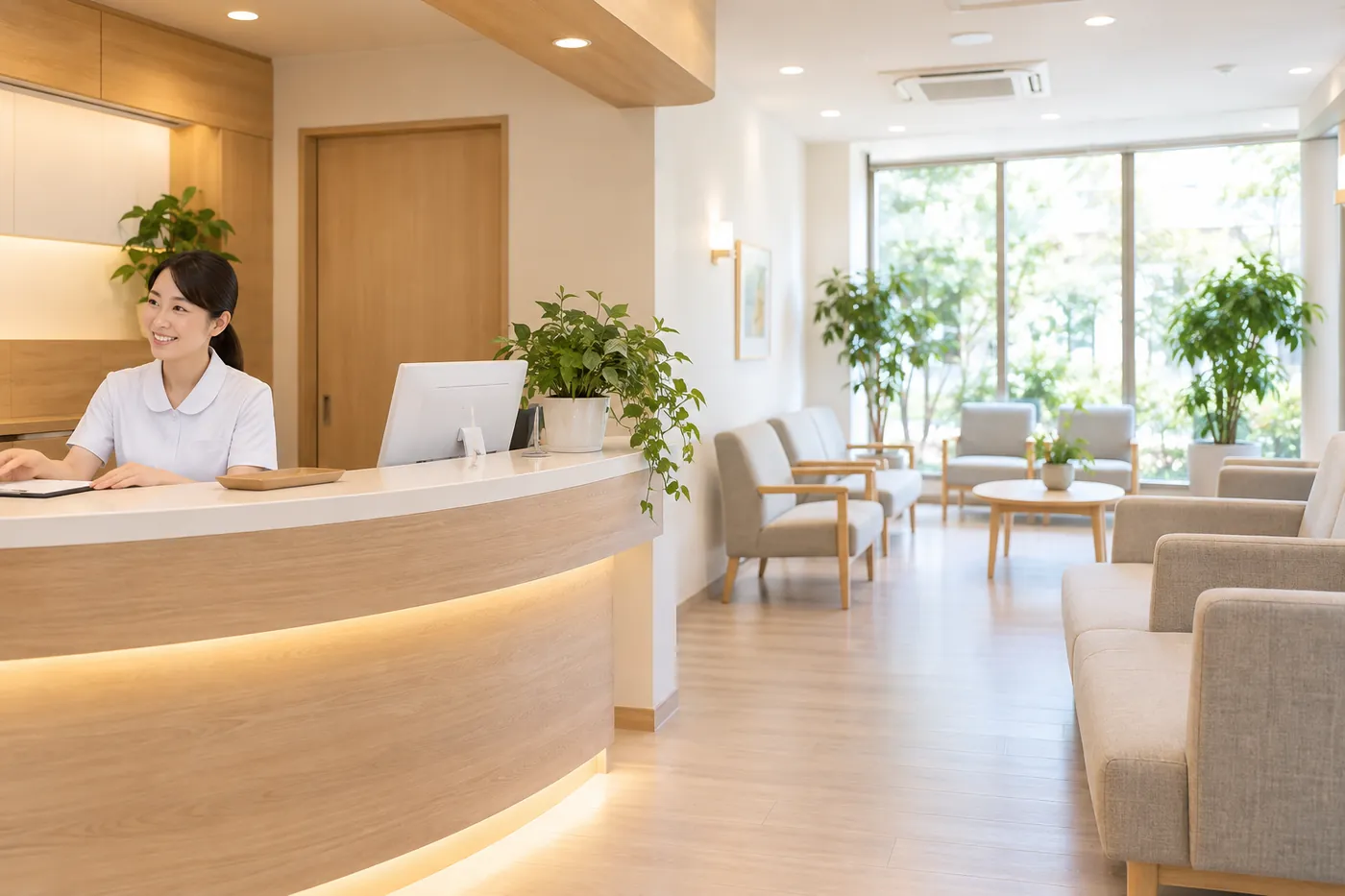 木目と白を基調とした受付カウンターと、椅子が並ぶ待合室