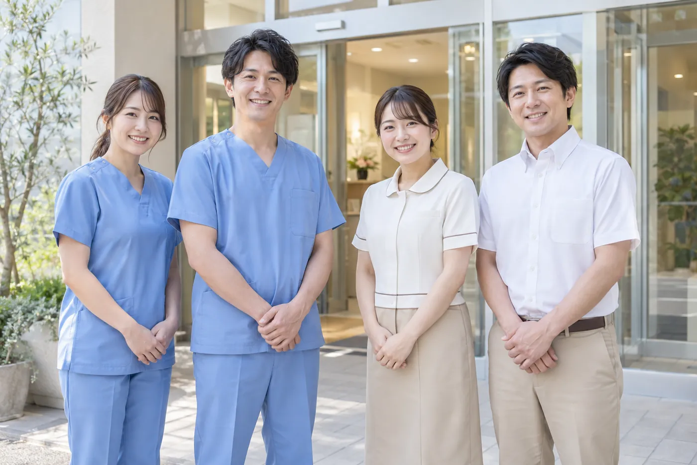 クリニックの入口前に並ぶスタッフ