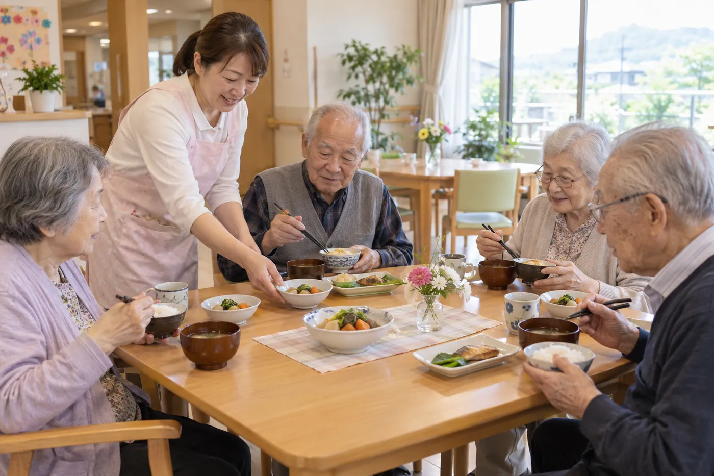 食堂のテーブルを囲んで、利用者が手作りの昼食を食べている様子。職員が配膳している