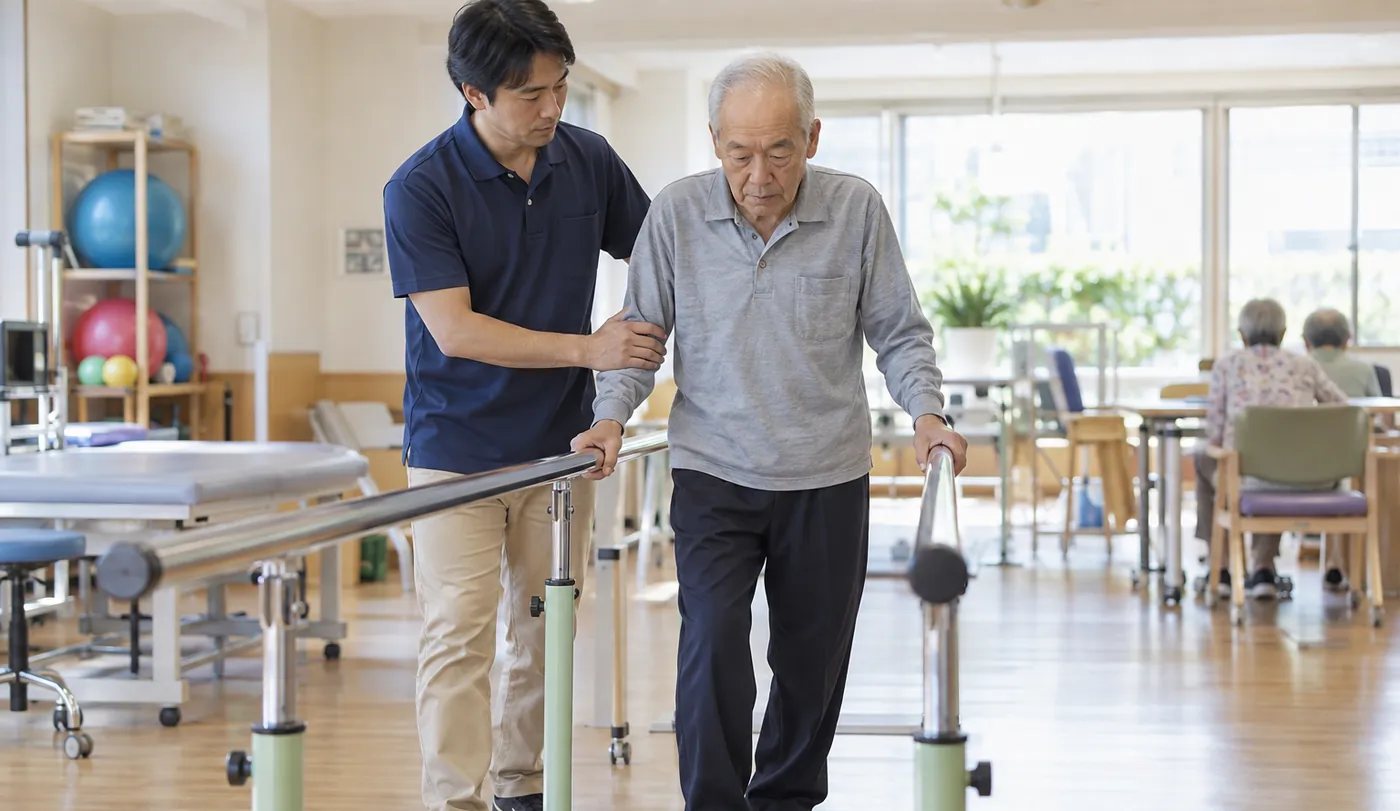 平行棒につかまって歩く男性利用者を、機能訓練指導員が横から支えている様子
