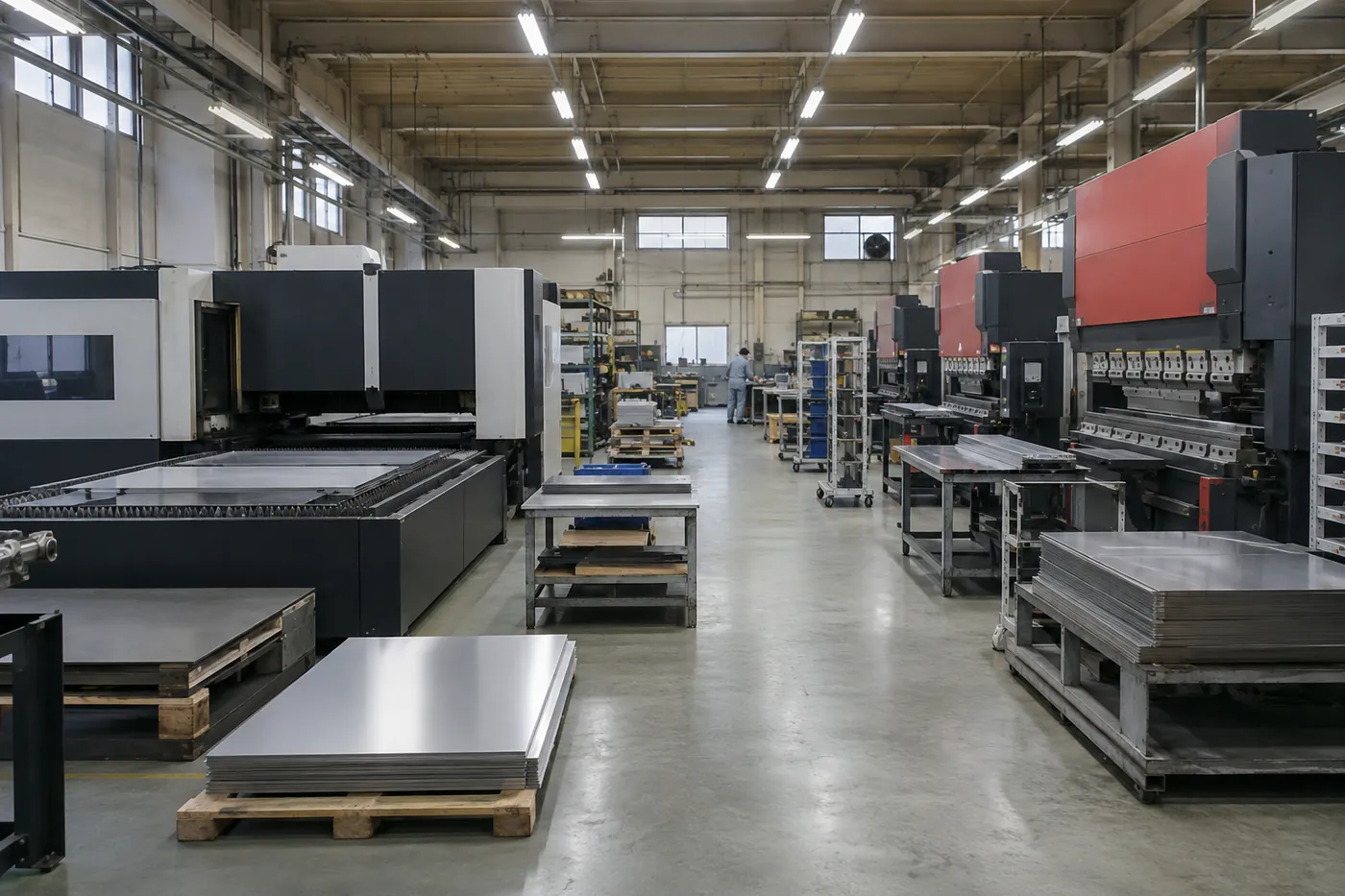 レーザー加工機とベンダーが並び、アルミ板が積まれたタカセ精工の工場内