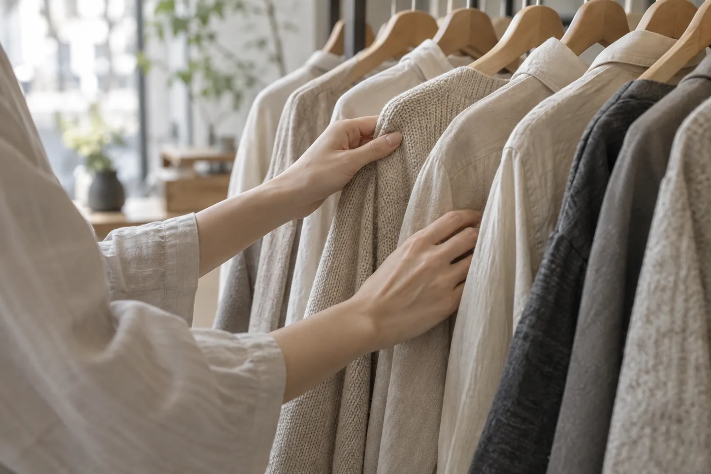 ラックに掛かる生成りの服を手に取るお客様の手元
