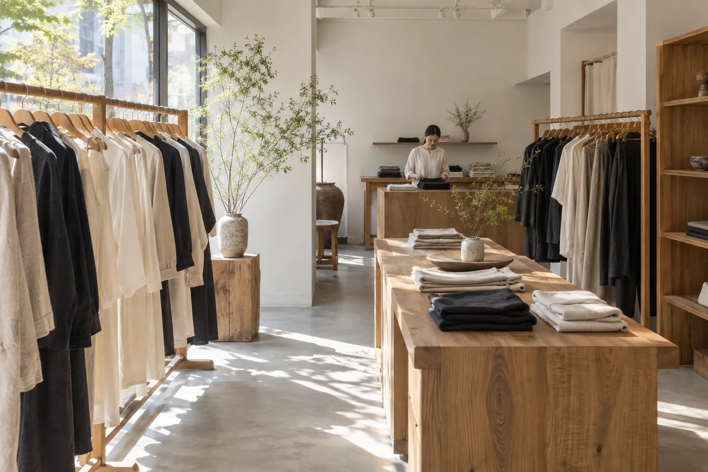 AWAI 渋谷店の店内。木のラックに生成りと墨色の服が並び、奥でスタッフが服を畳んでいる