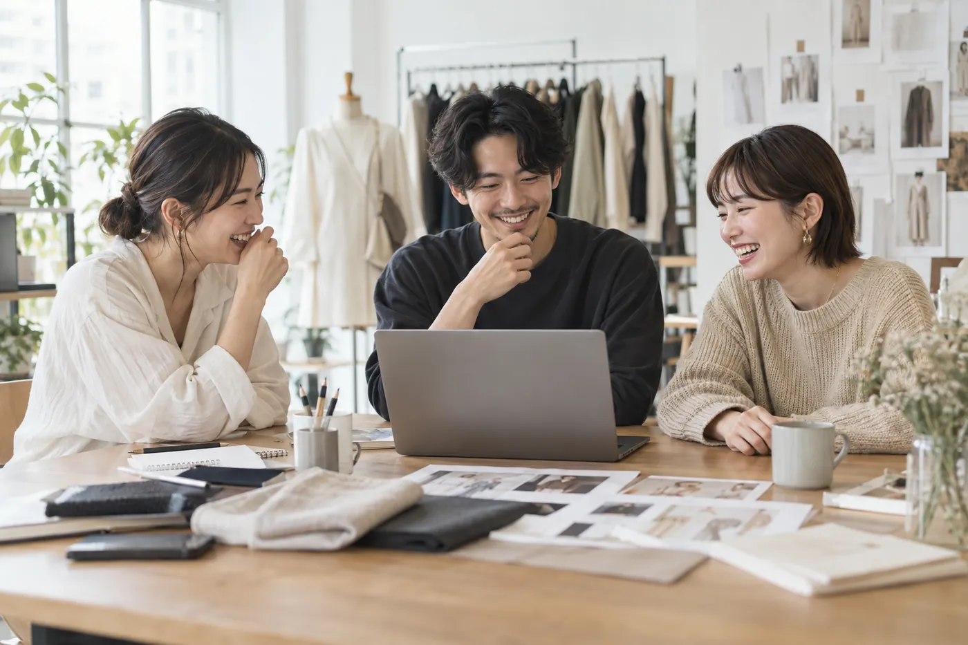 木のテーブルでノートパソコンを囲んで笑い合うスタッフ 3 名