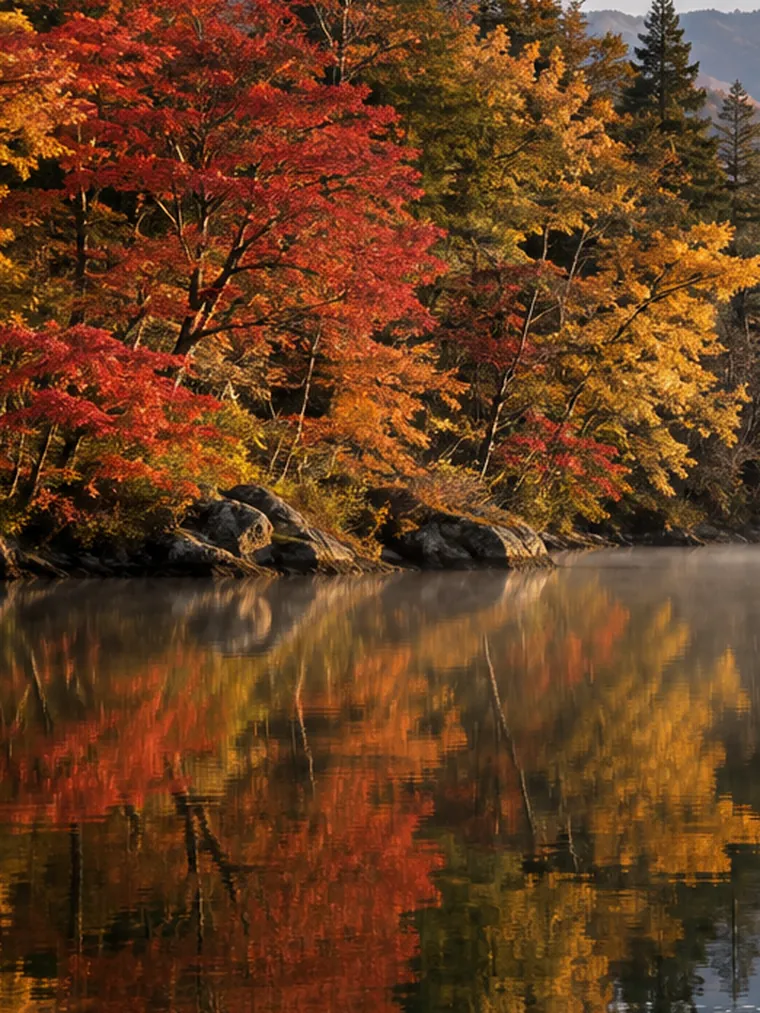 紅葉した木々が水面に映る秋の湖畔