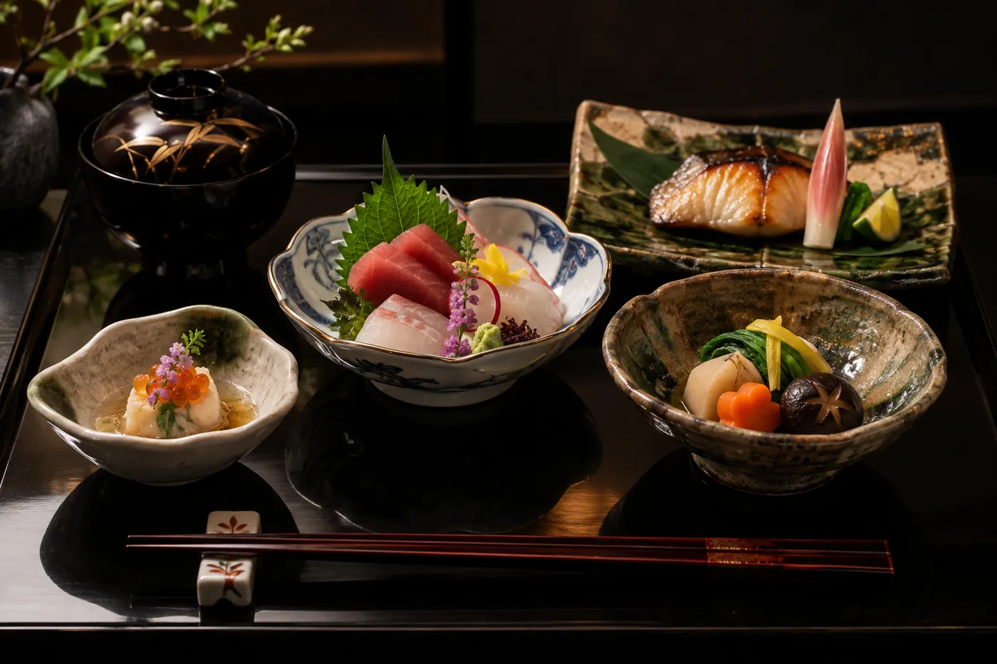 漆の膳に並んだ会席料理。向付、焼物、焚き合わせ