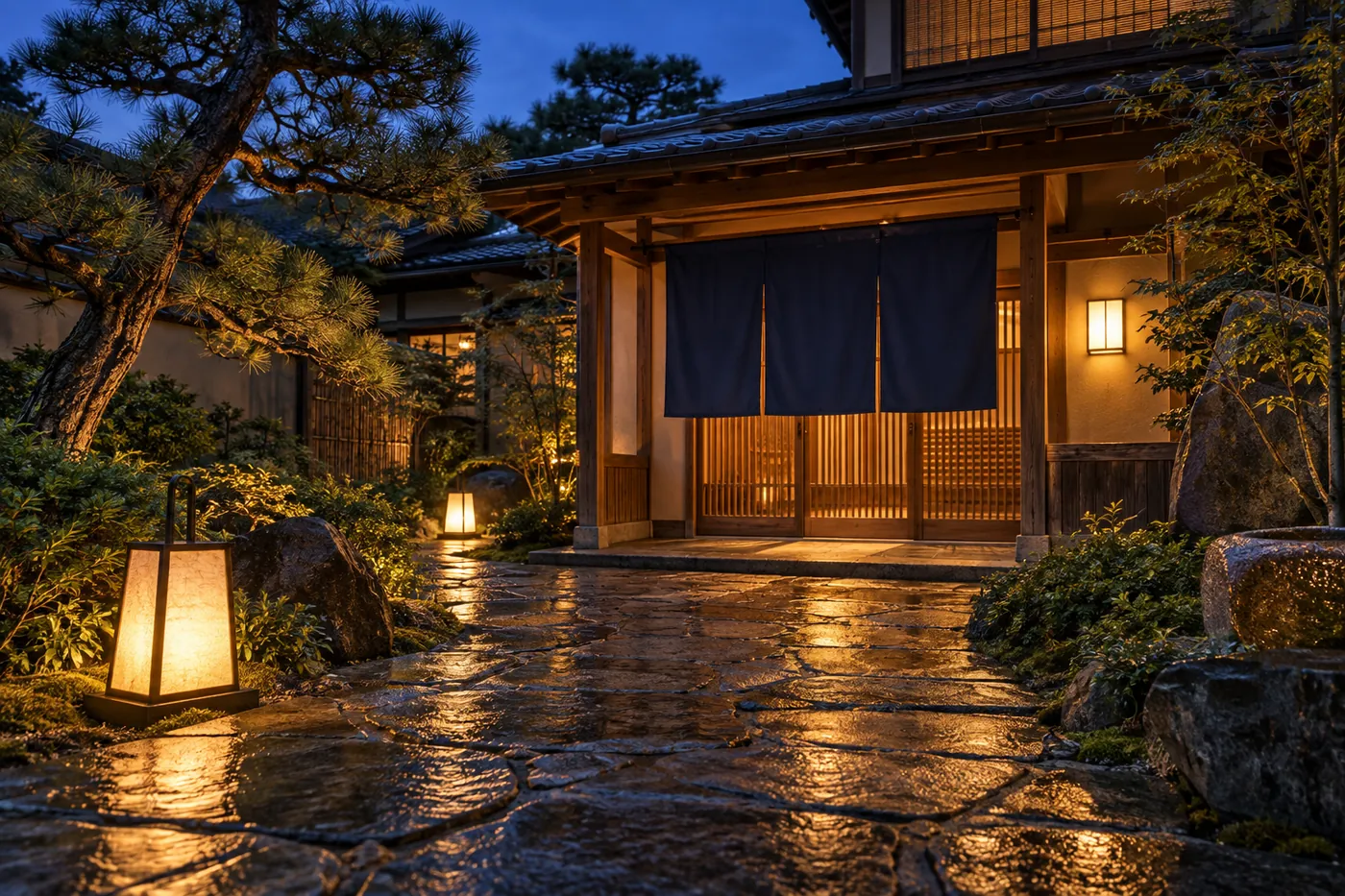 日が暮れた宿の玄関。石畳に行灯の灯りが映る