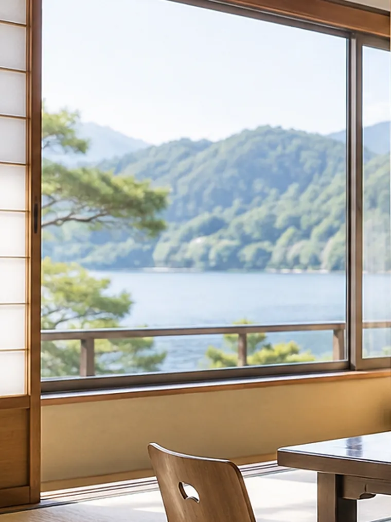 障子を開けた窓の外。芽吹いた木々と湖