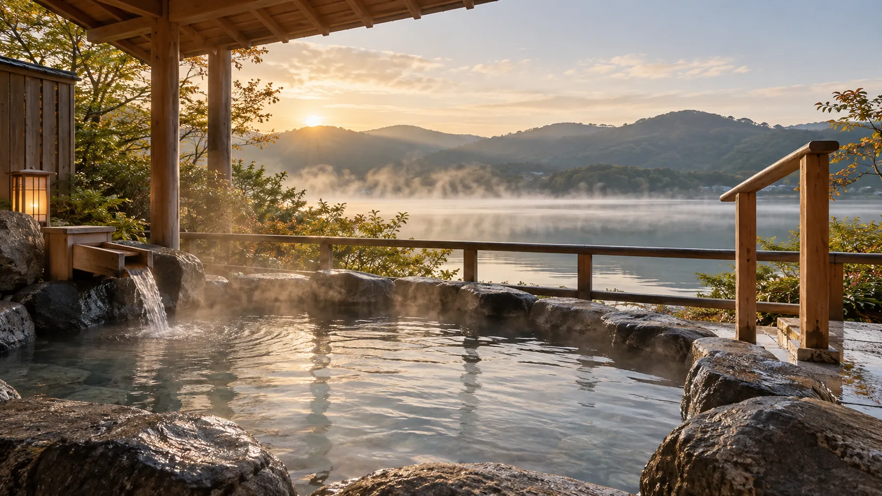 早朝の露天風呂。湯気の向こうに湖と山の稜線が見える