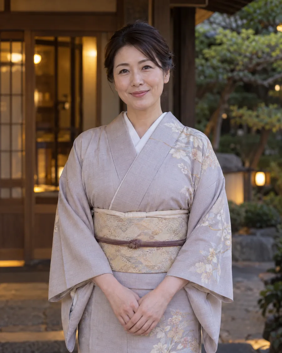 玄関の前に立つ、着物姿の女将 望月佳乃