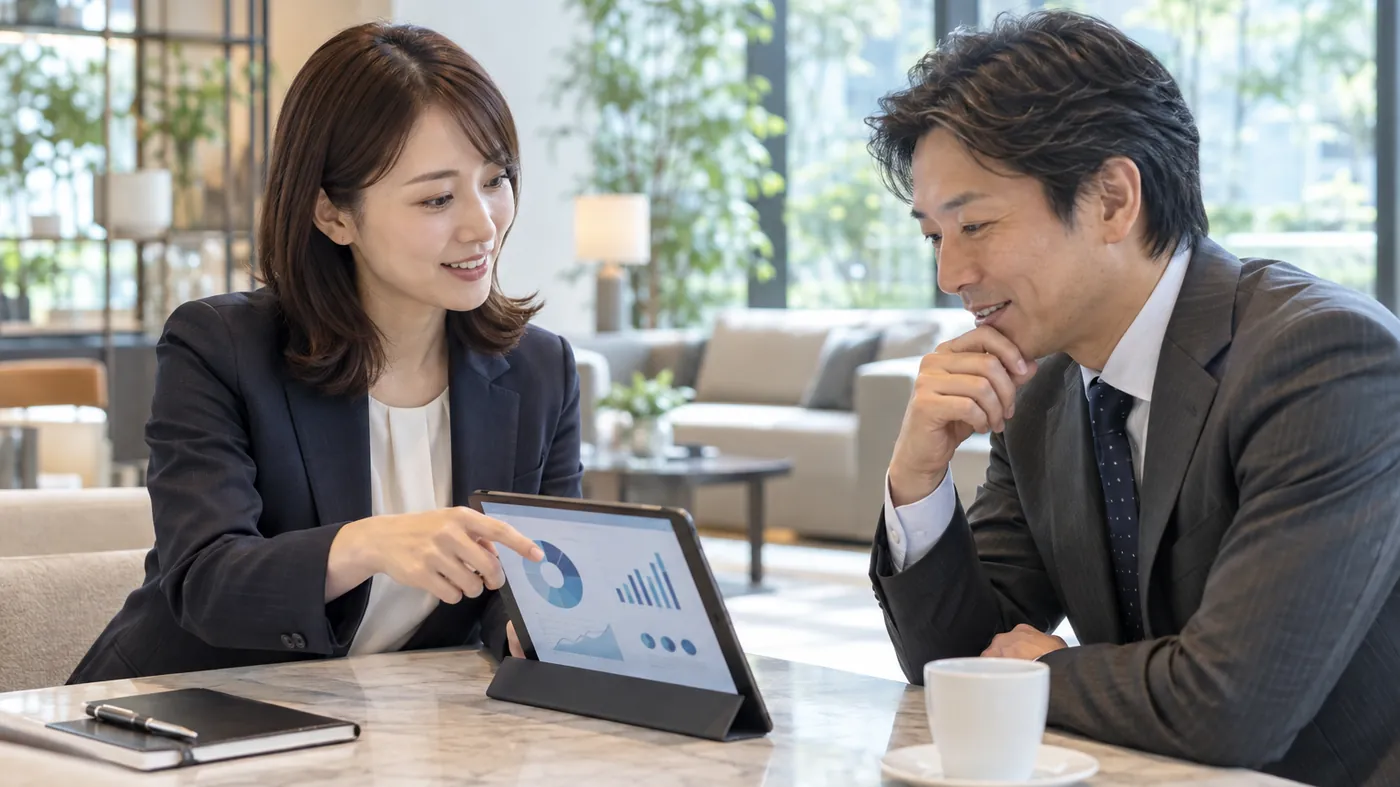 顧客企業の担当者と資料を見ながら商談する営業担当
