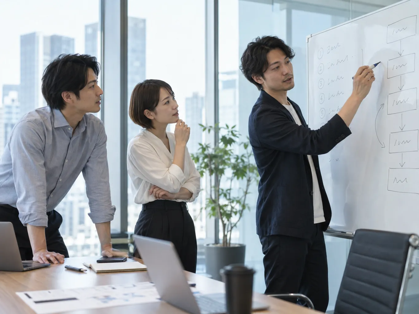 会議室でターゲット企業のリストと営業の流れを設計するスタッフ